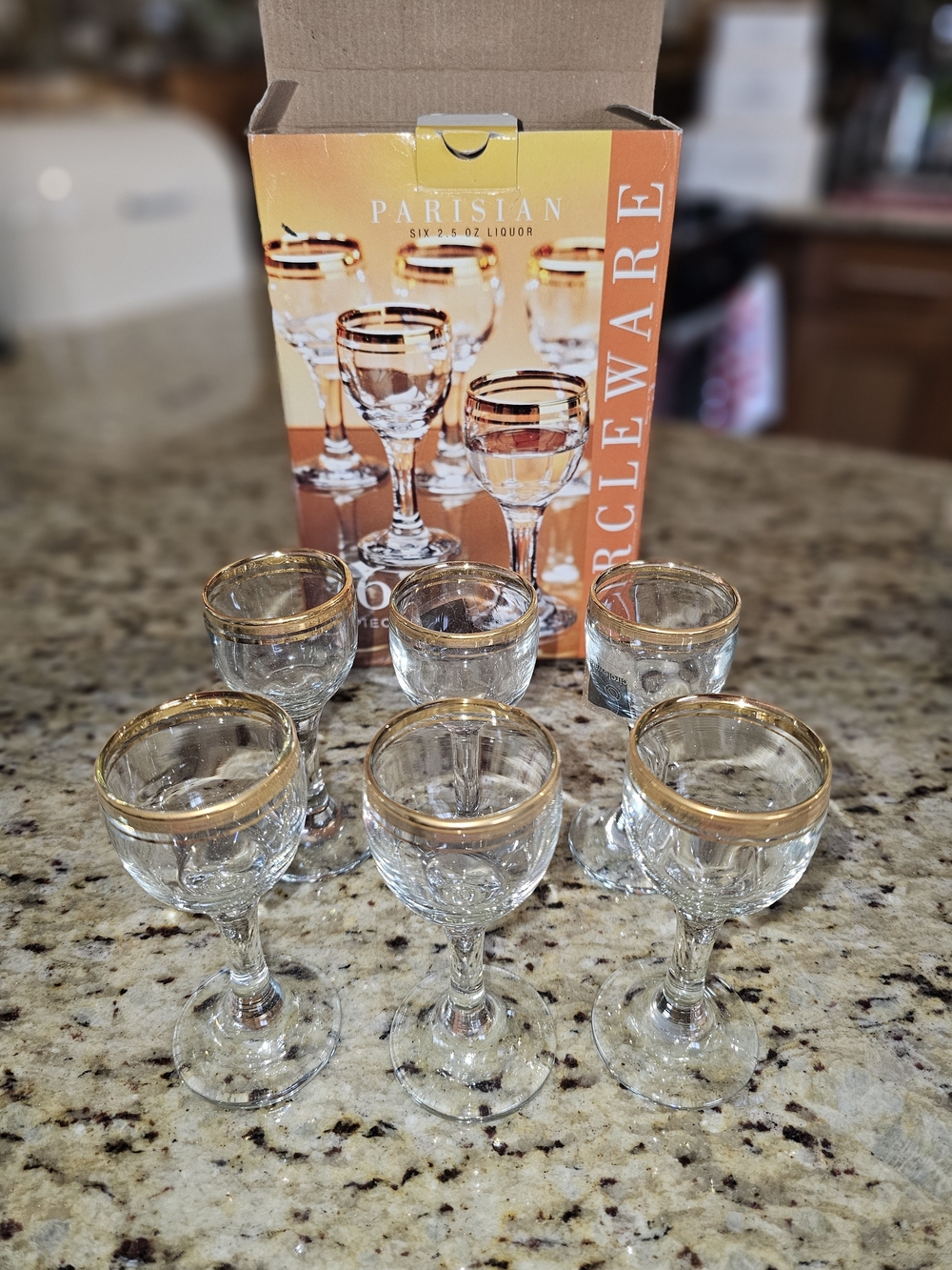 CIRCLEWARE Parisian 6-Pc Gold Rim Liqueur Cordial Glass Set 2.5 oz NEW NOS